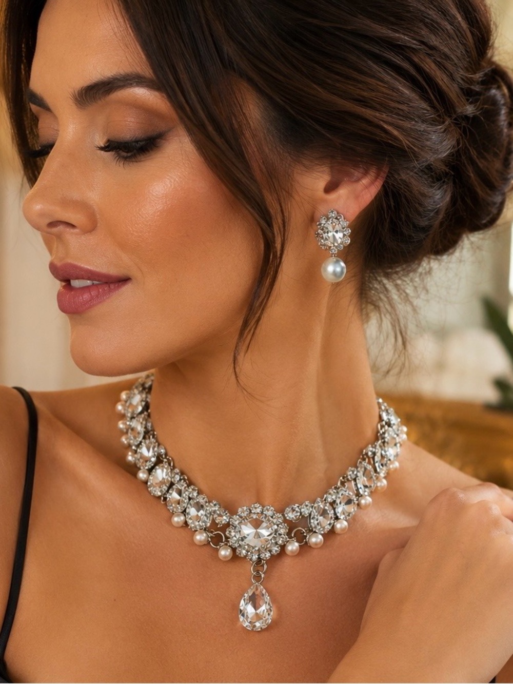 Vintage Rhinestone & Faux Pearl Statement Necklace Crystal Teardrop Bridal Glam
